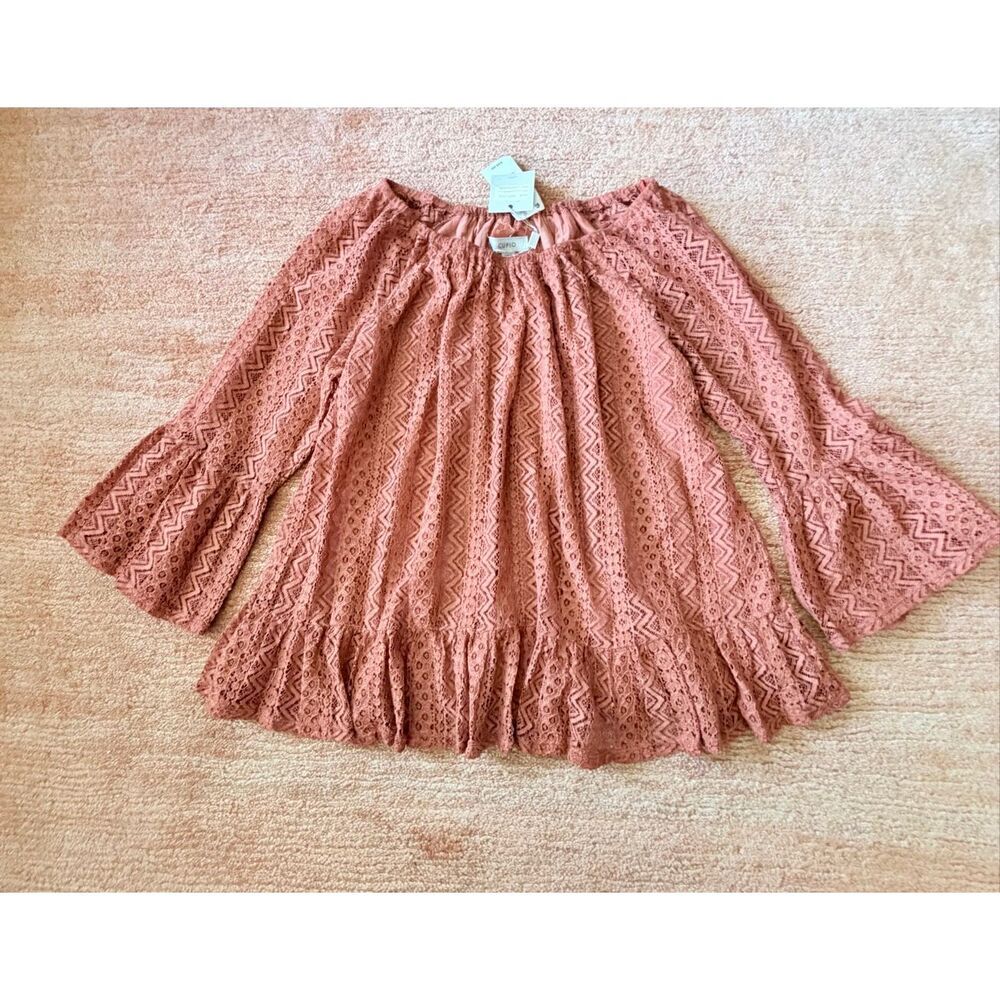 Cupio Lace Off Shoulder Peasant Blouse Pink Bell Sleeve Boho Top L NWT